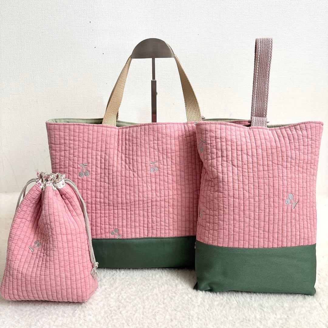 ハンドメイド さくらんぼ刺繍 ヌビ入園入学4点セット 裏地付き イブル