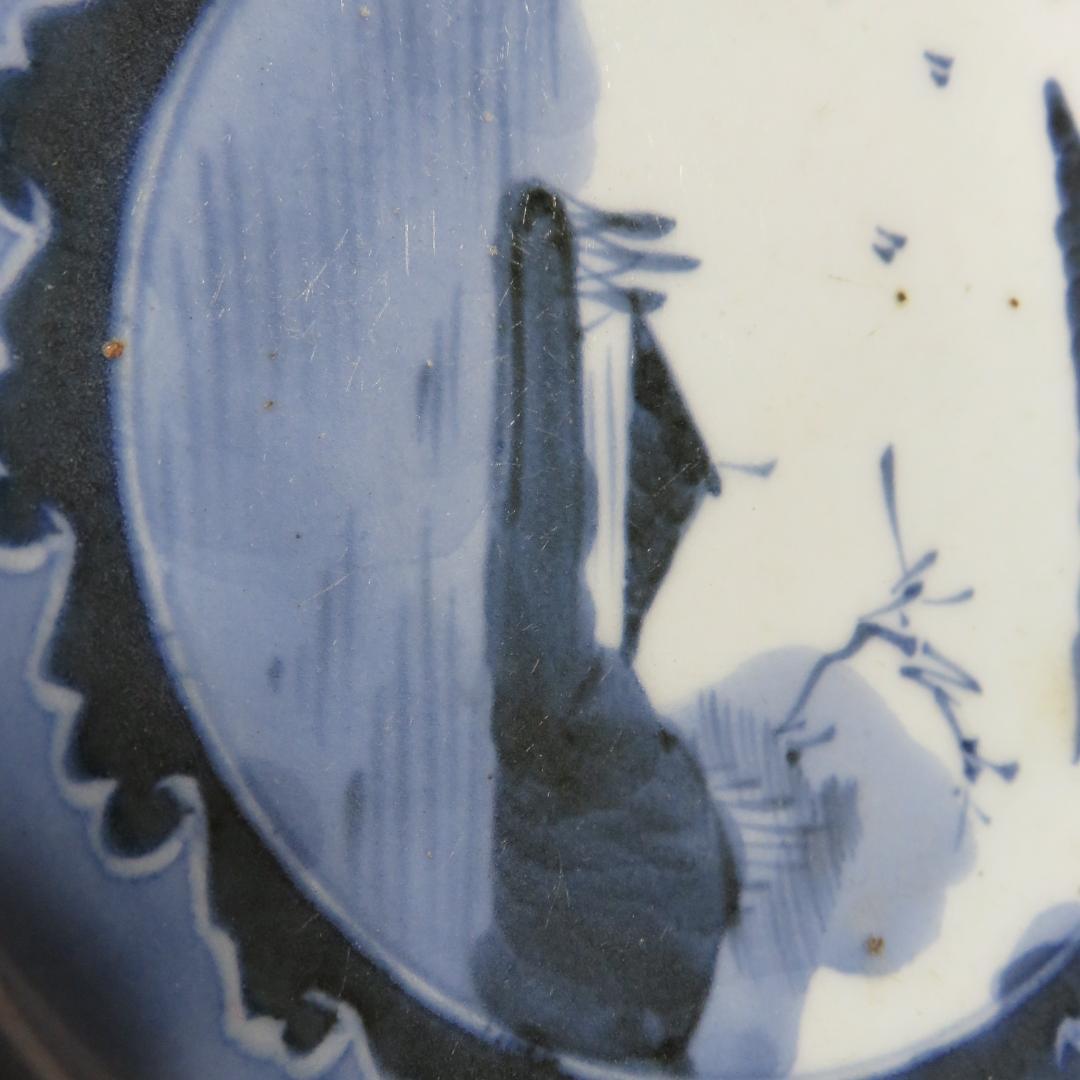 皿 5枚 古伊万里 染付 山水 江戸 窯傷 家屋 船