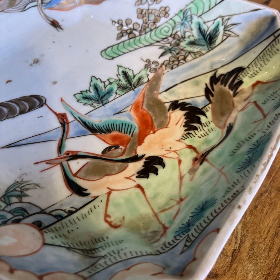 アンティーク 古伊万里 色絵鶴亀文菱形皿 文化-文政 江戸期 鑑定書付き