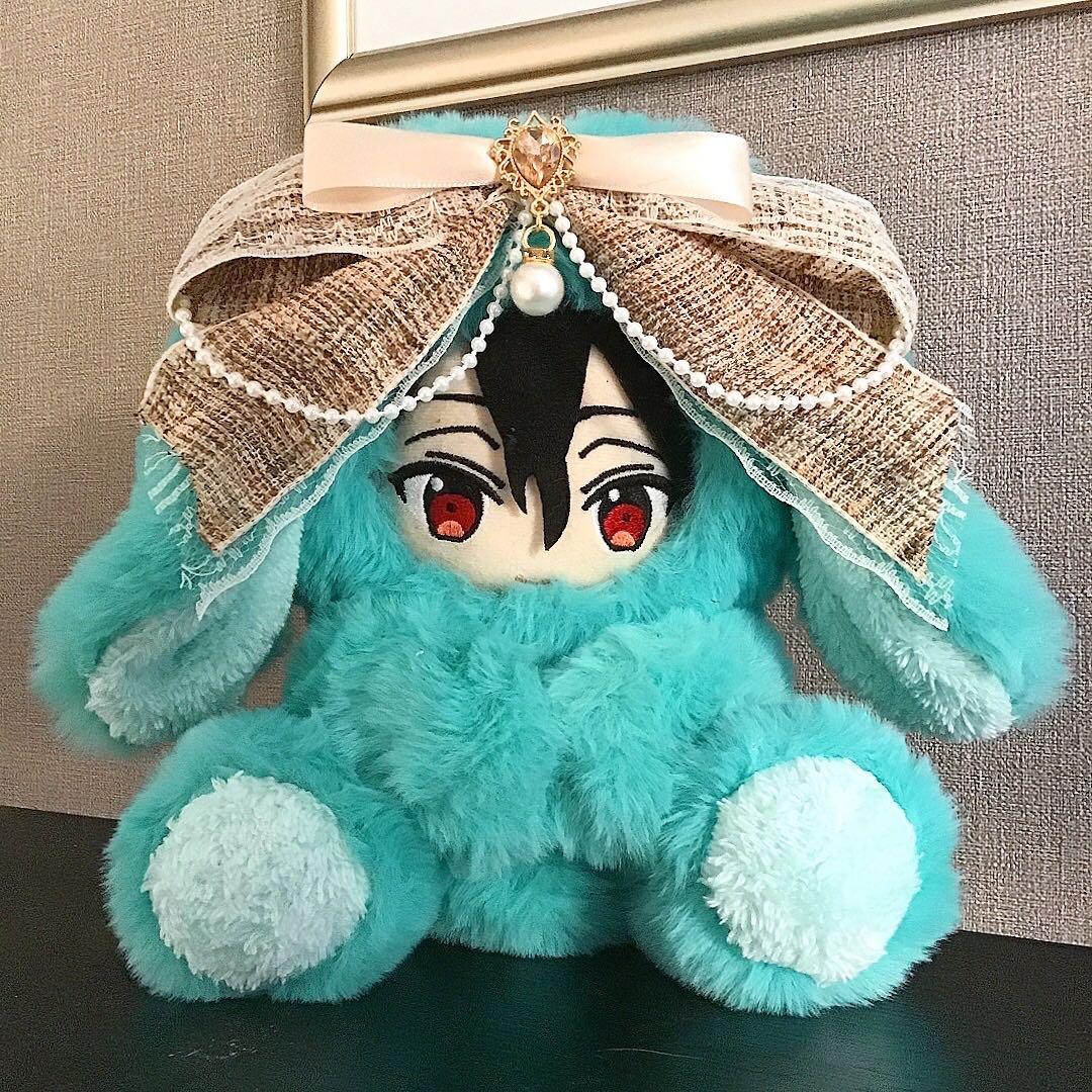 【129】垂れ耳　うさぎ　ティファニーブルー　おすわり　ぬい服　16cm