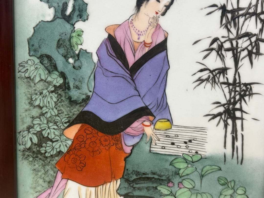 中国　陶板　色絵　人物　額装　送料込み260405