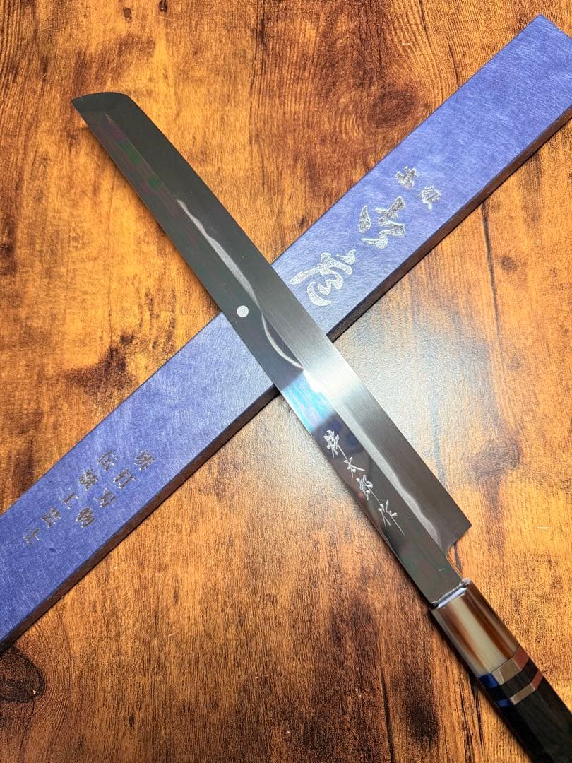 【堺打刃物】蛸引 先丸　水本焼 白一鋼 富士山　鏡面 尺　包丁　黒檀水牛八角柄