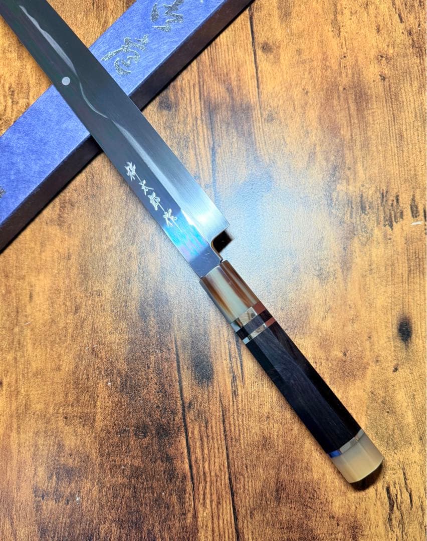 【堺打刃物】蛸引 先丸　水本焼 白一鋼 富士山　鏡面 尺　包丁　黒檀水牛八角柄