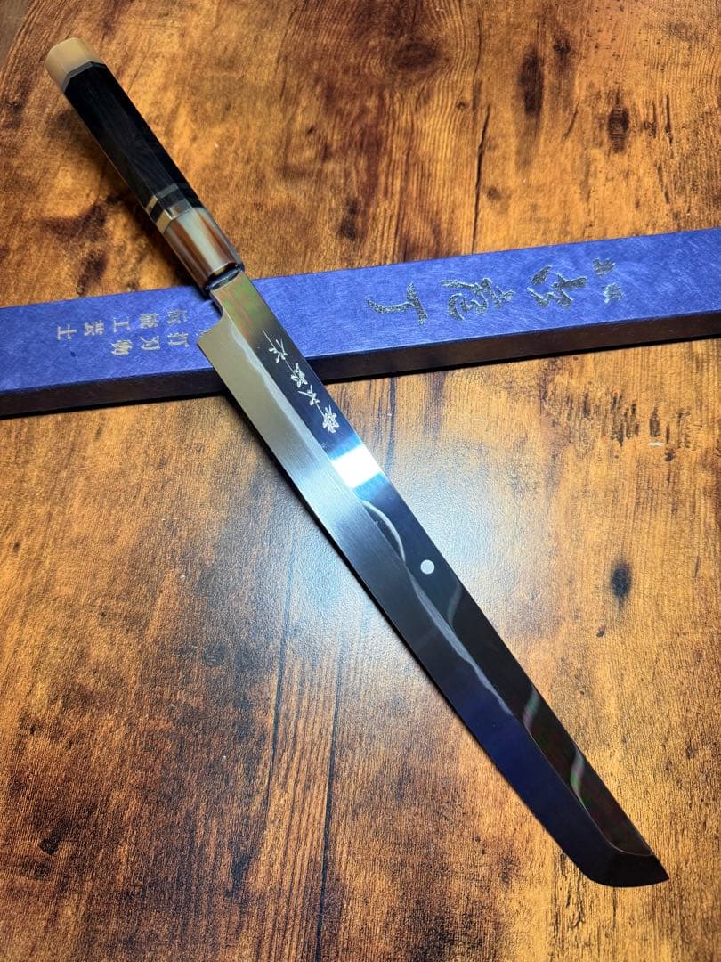 【堺打刃物】蛸引 先丸　水本焼 白一鋼 富士山　鏡面 尺　包丁　黒檀水牛八角柄