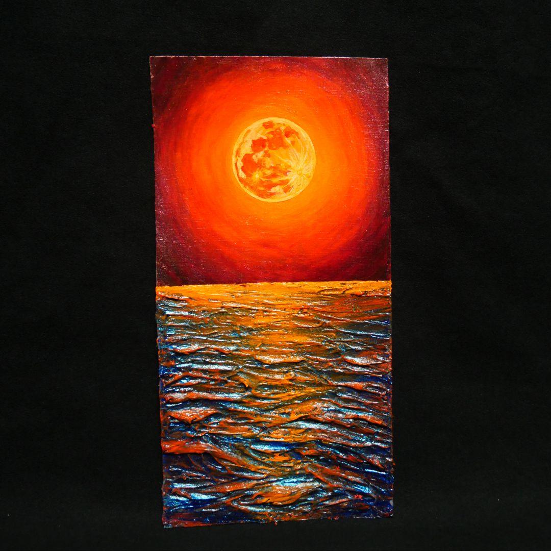 油絵 油彩 油彩画 絵 絵画 長方形ミニ絵画【オレンジ色の満月】