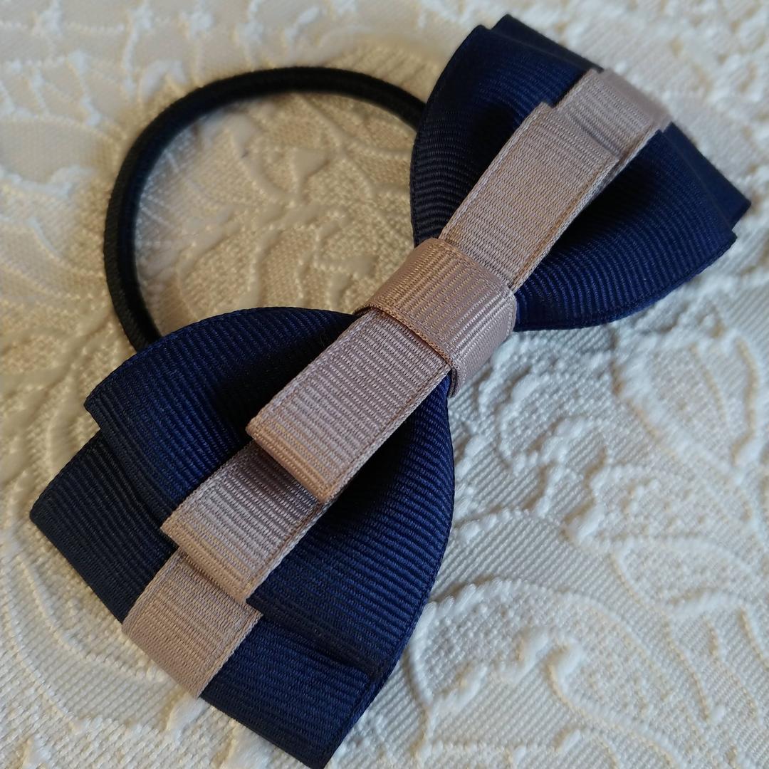 再販４【ネイビー✕グレージュ】ラインリボン♡ヘアゴム