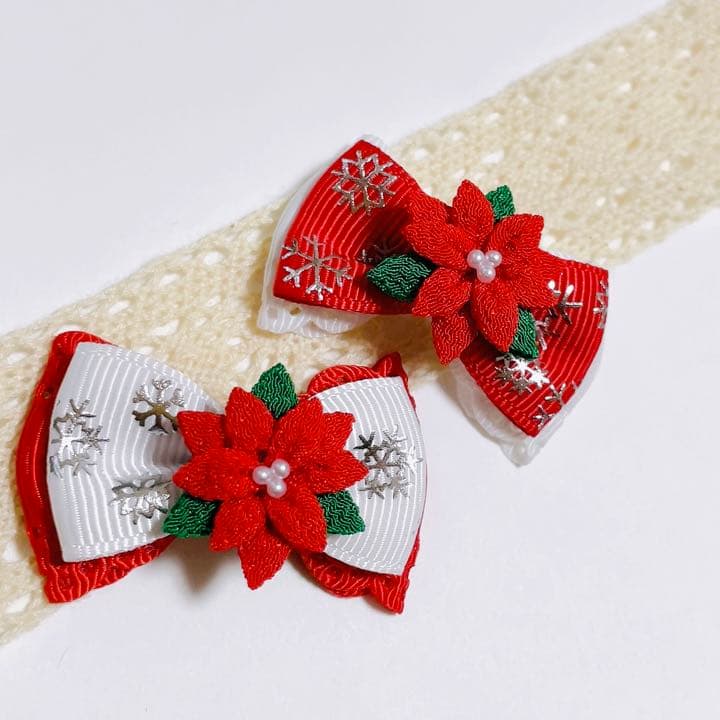【ポインセチアリボン】ベビーヘアクリップ ヘアゴム