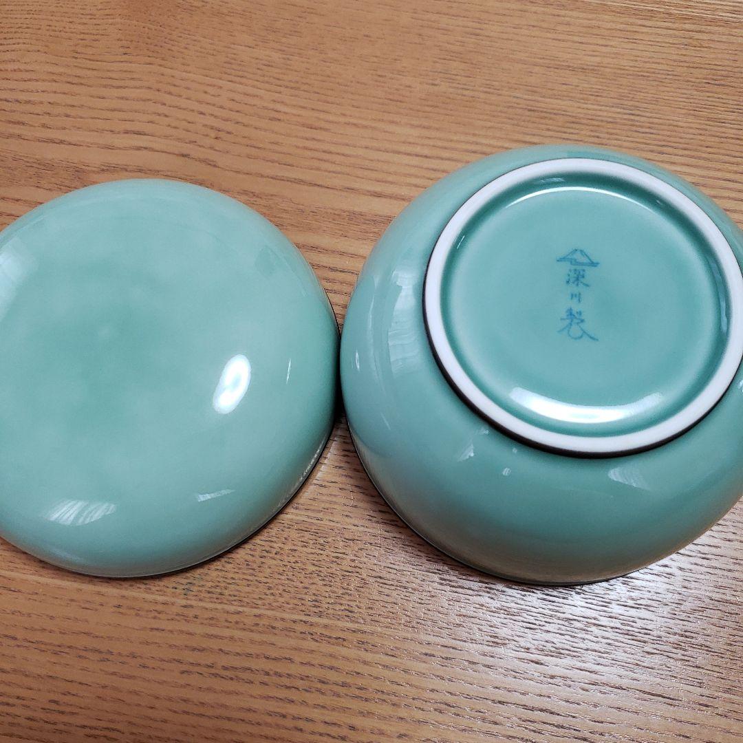 深川製磁　蓋物1個 丸型 小染桜 青磁　ボンボニエール　中鉢3個　未使用