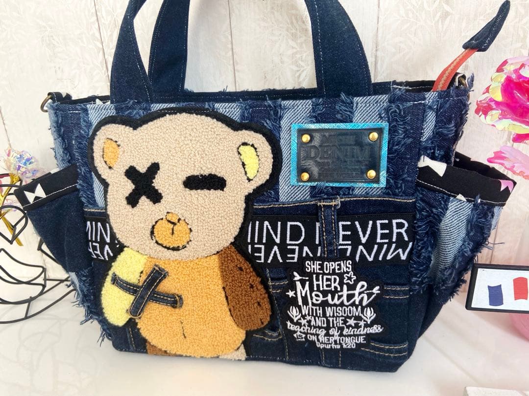 デニムリメイクバッグS 縦じまフリンジ×クマ