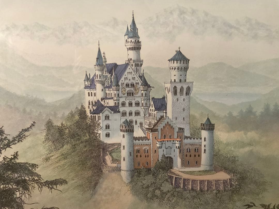 織田義郎　「ノイシュバンシュタイン城」　リトグラフ　直筆サイン・エディション有り