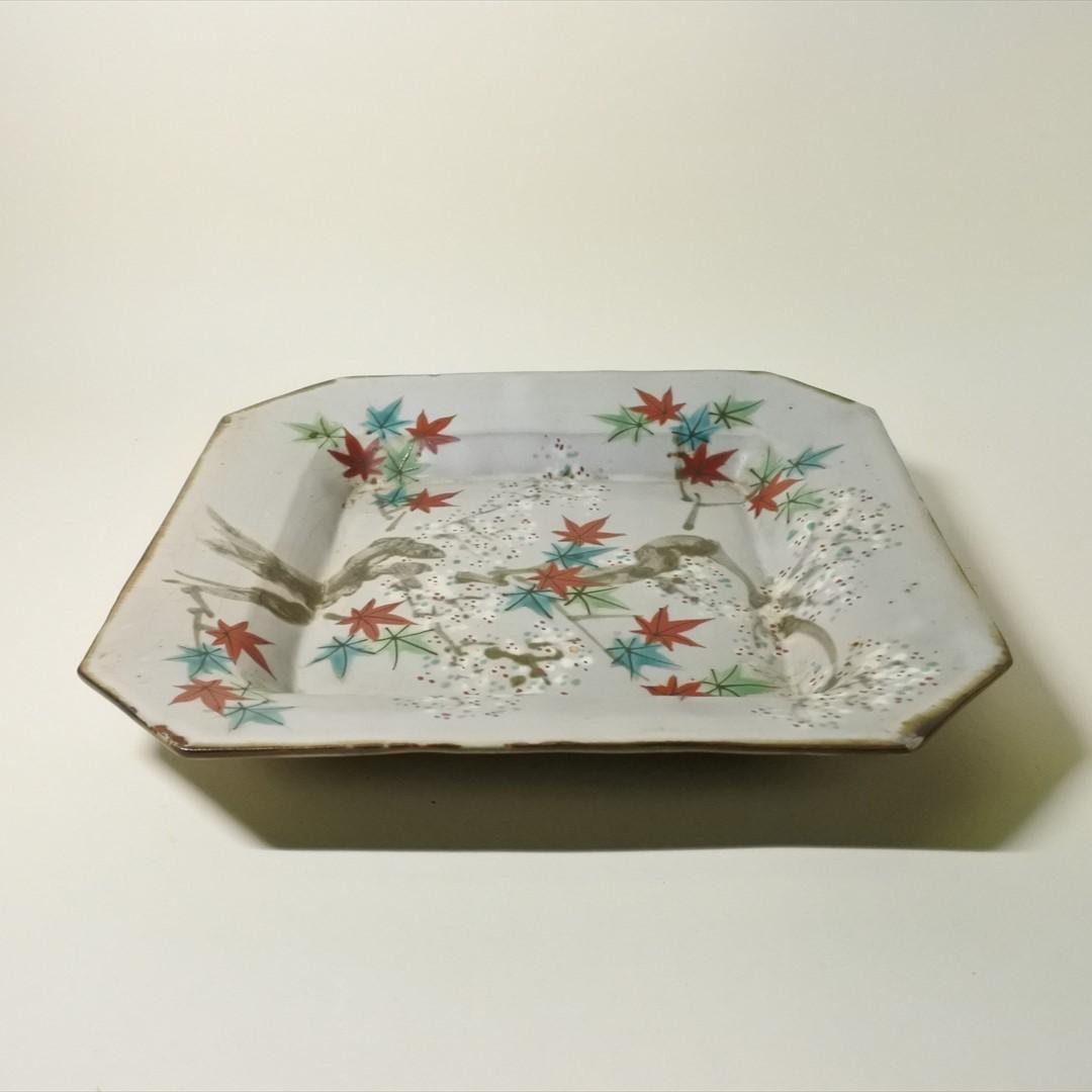 明治時代　犬山焼　角　紅葉　大皿　骨董品　アンティーク　ｊ