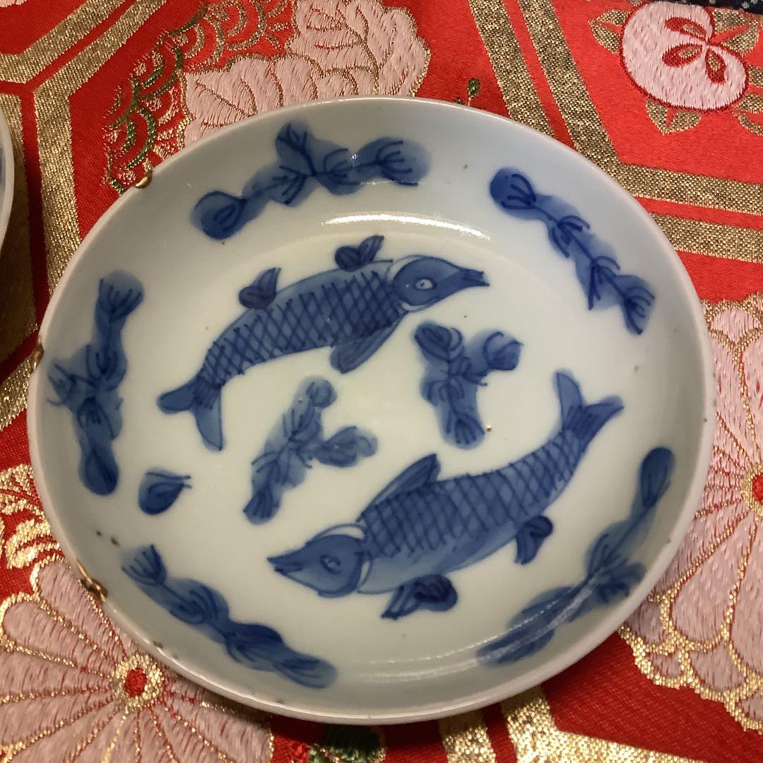 中国明時代　絵皿　双魚紋　手塩皿　金継ぎ　2客　在銘　古伊万里・九谷焼・煎茶好き
