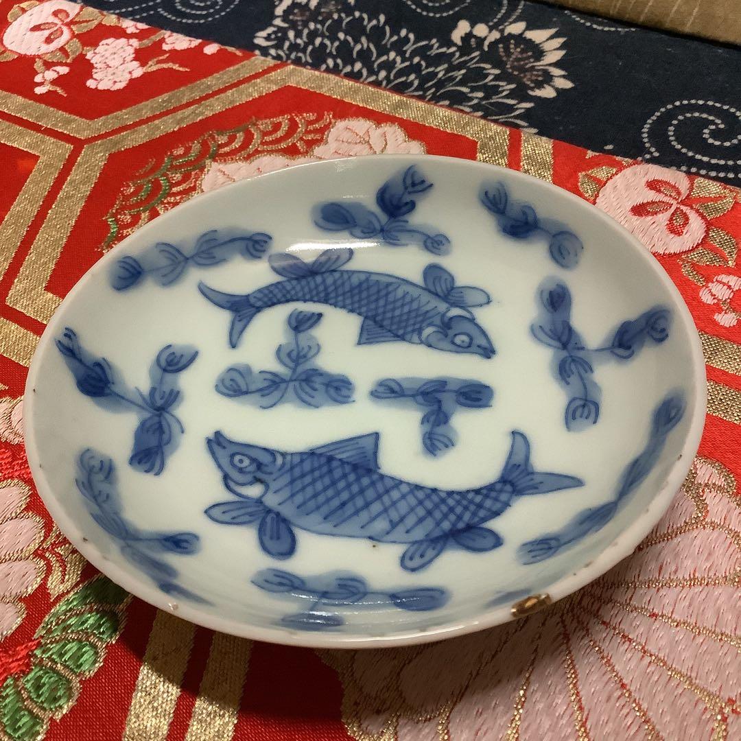 中国明時代　絵皿　双魚紋　手塩皿　金継ぎ　2客　在銘　古伊万里・九谷焼・煎茶好き