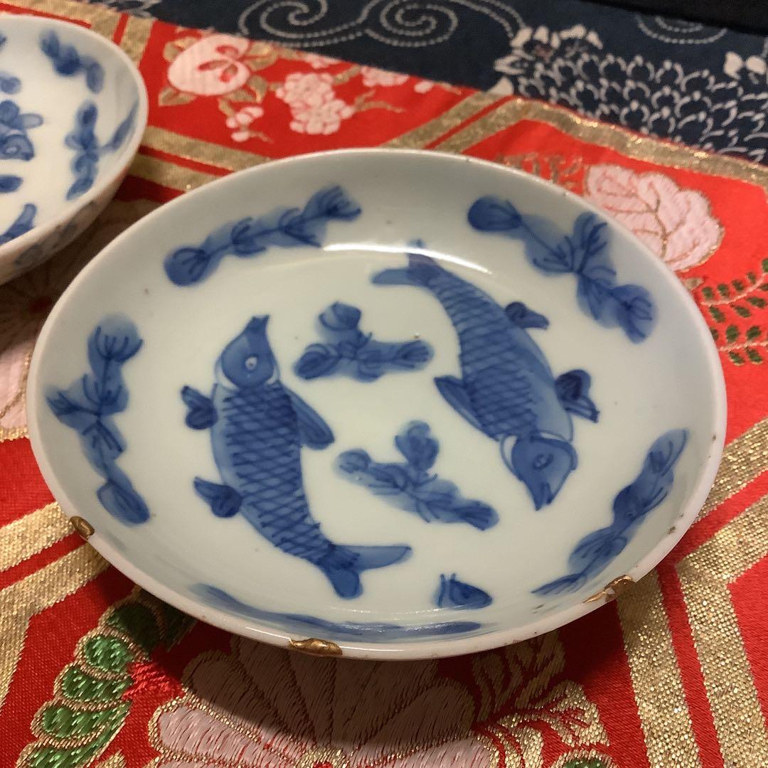 中国明時代　絵皿　双魚紋　手塩皿　金継ぎ　2客　在銘　古伊万里・九谷焼・煎茶好き