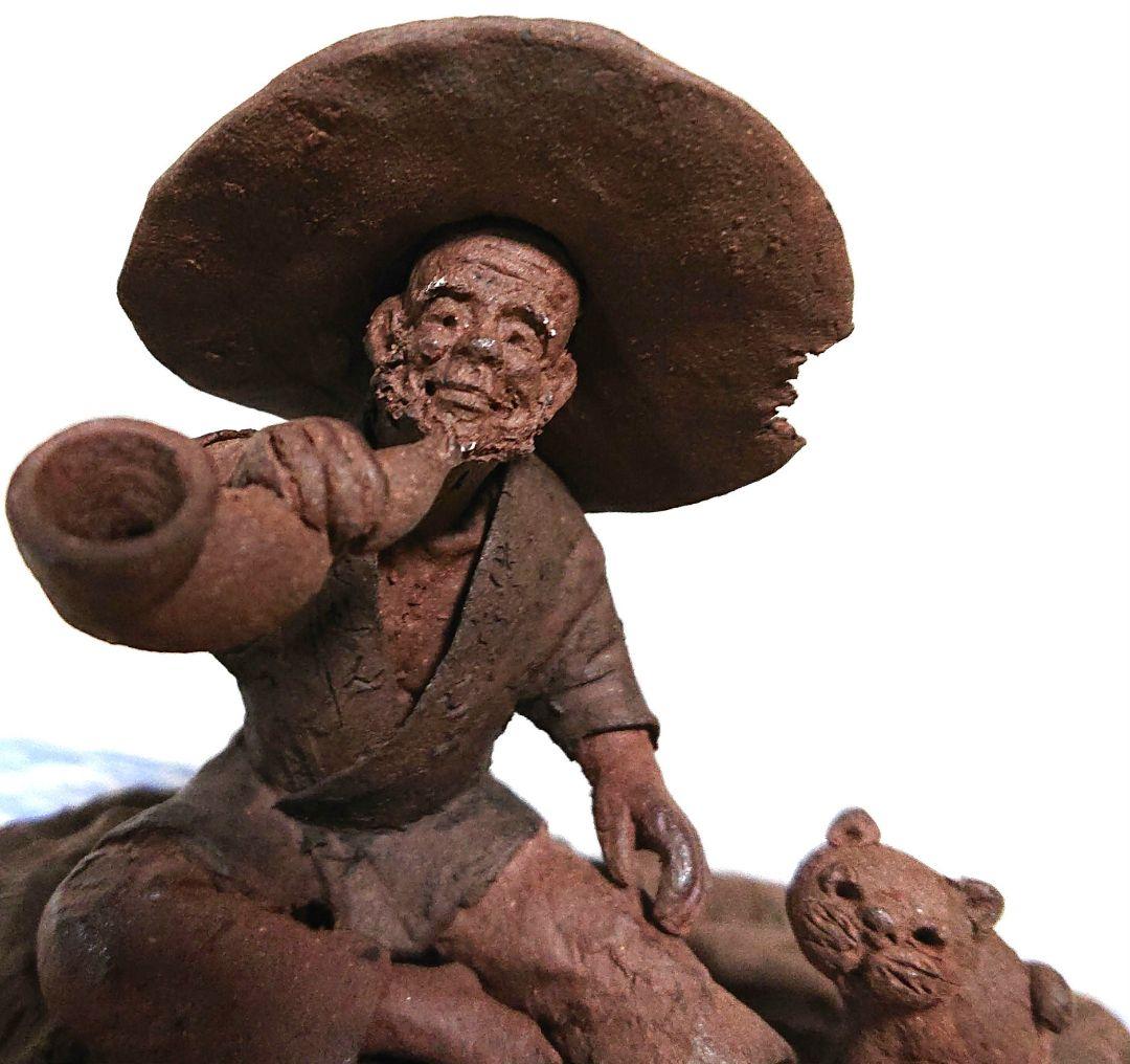 藤井規仙造 彫刻 農夫と子猫 T142