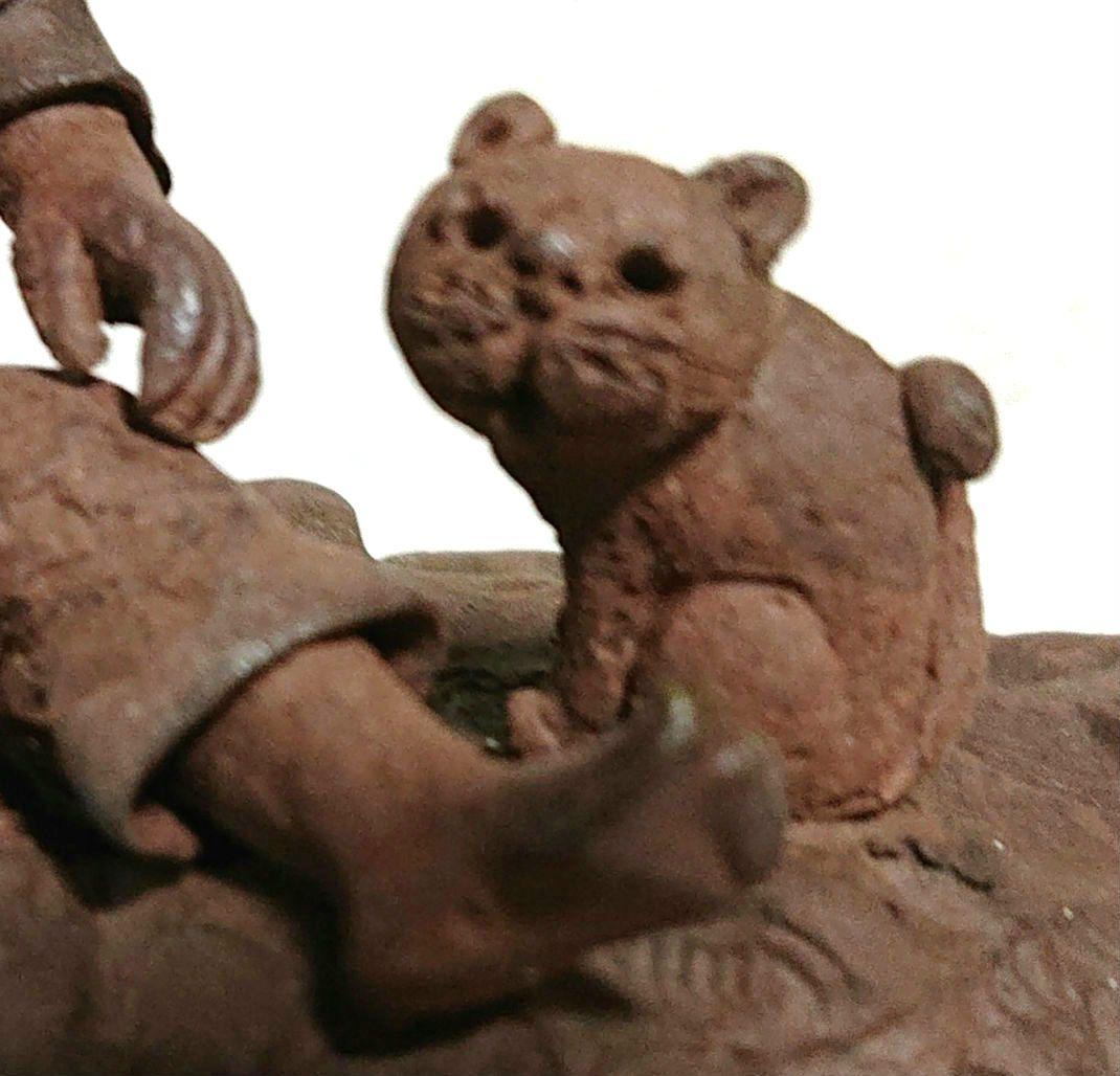 藤井規仙造 彫刻 農夫と子猫 T142