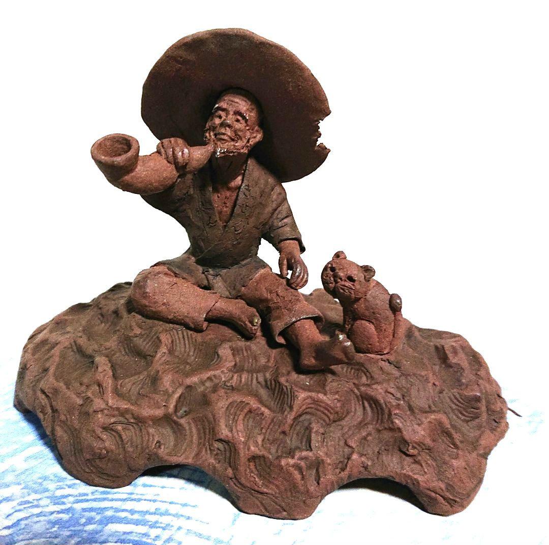 藤井規仙造 彫刻 農夫と子猫 T142