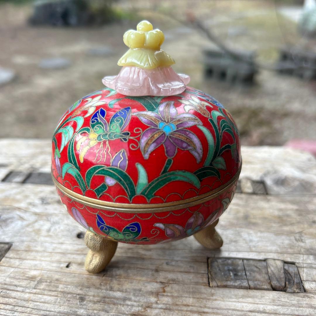 七宝焼 蓋付 三足 小物入れ レトロ アンティーク 置物