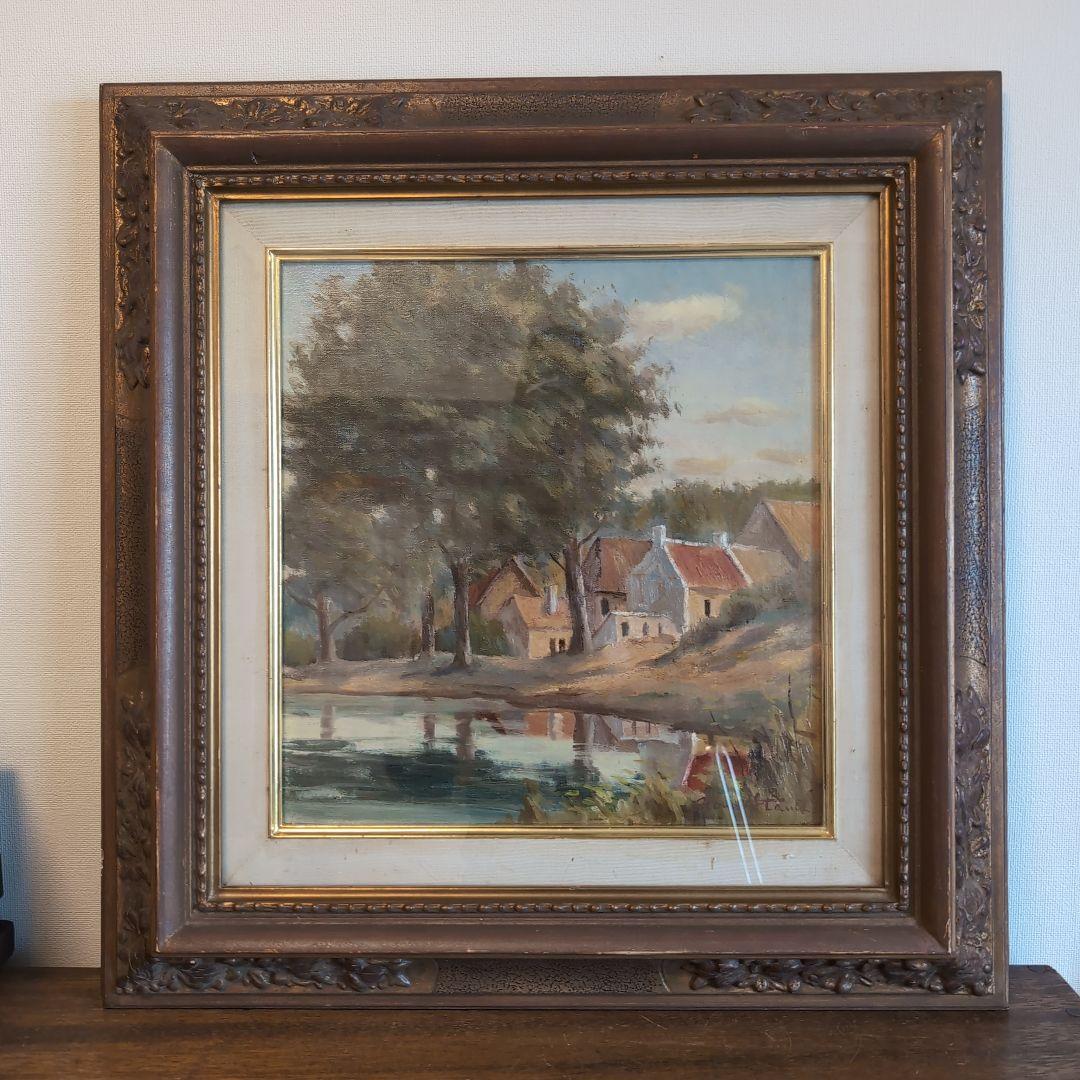 伊丹米夫　ブルゴーニュ村風景　風景画 油彩　画廊共シール　真筆