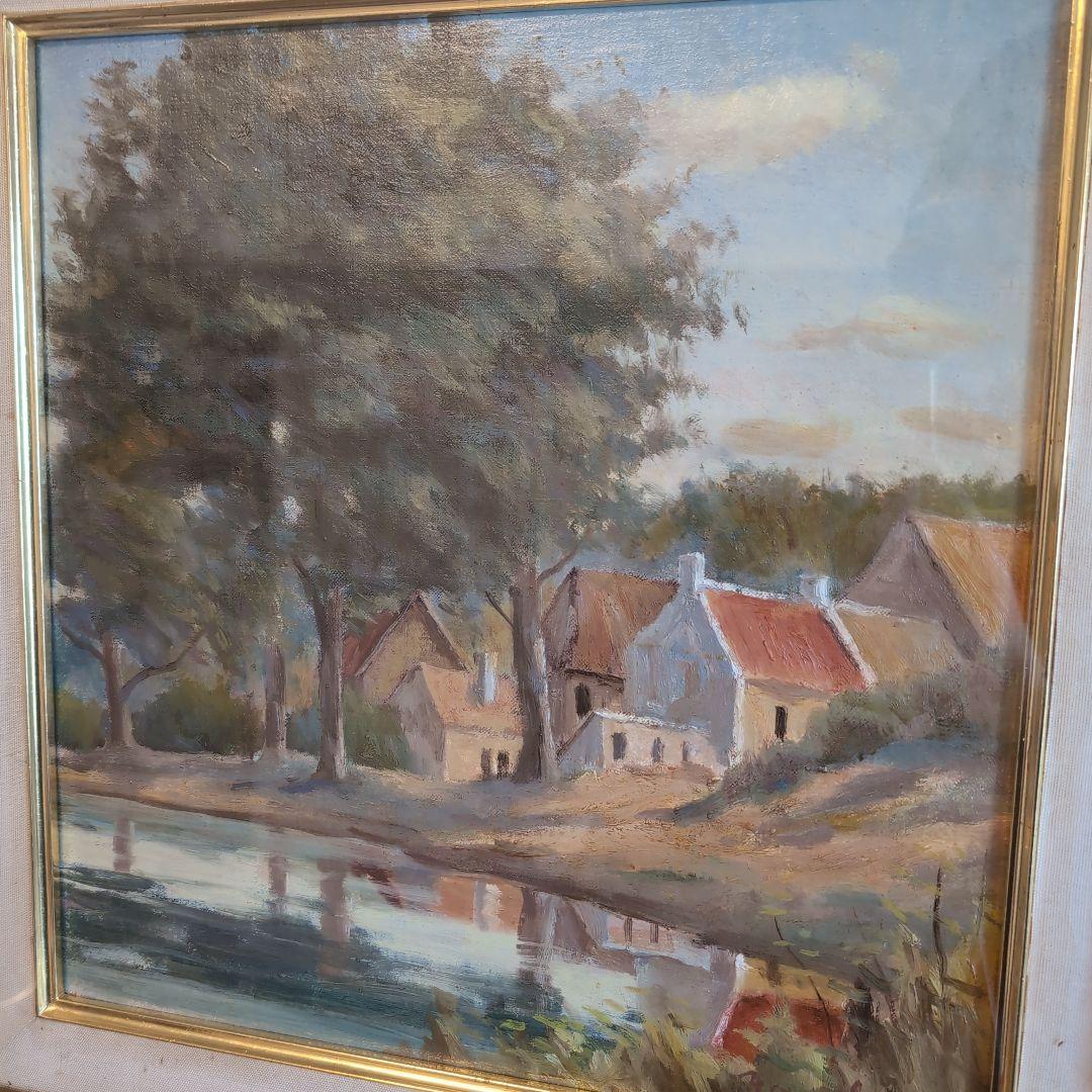 伊丹米夫　ブルゴーニュ村風景　風景画 油彩　画廊共シール　真筆