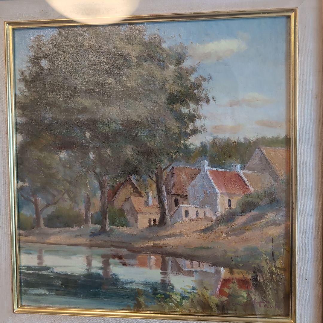 伊丹米夫　ブルゴーニュ村風景　風景画 油彩　画廊共シール　真筆