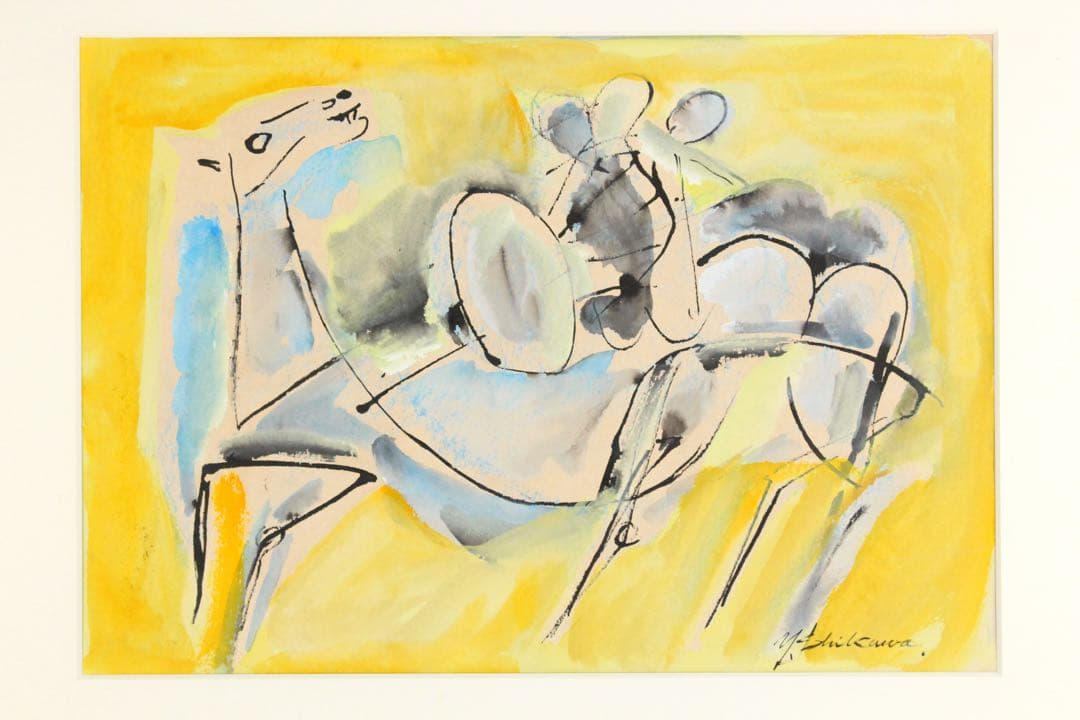 No4843額装　作者不詳　在銘　Y.Ishikawa ラクダと人物図　送料無料