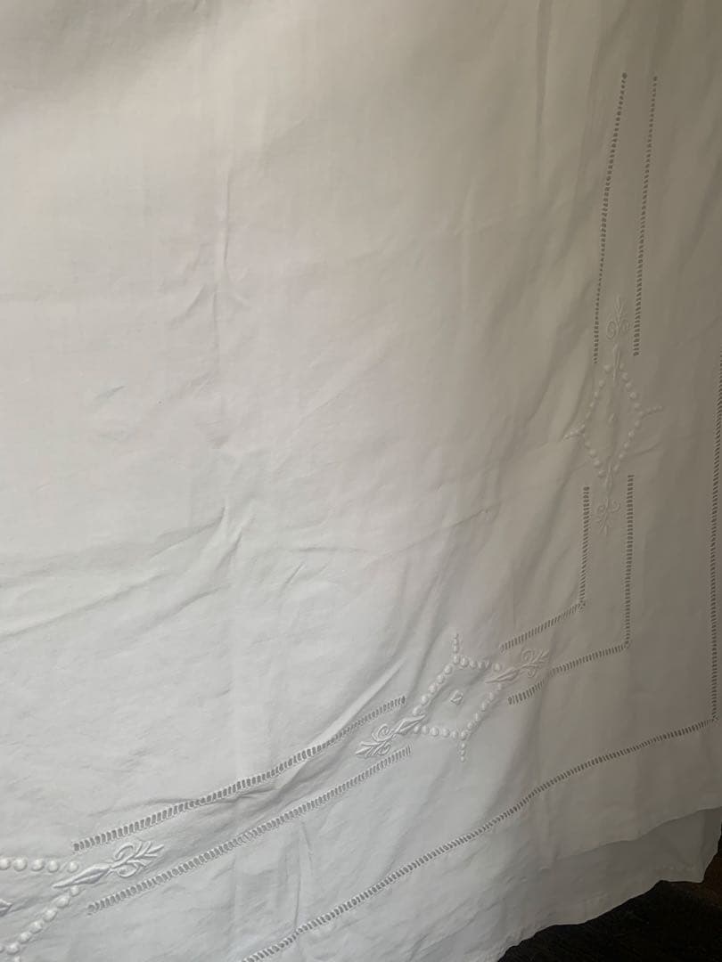 フランスアンティーク 薄手コットン 超大判一枚布 3.1x2.2m 手刺繍レース