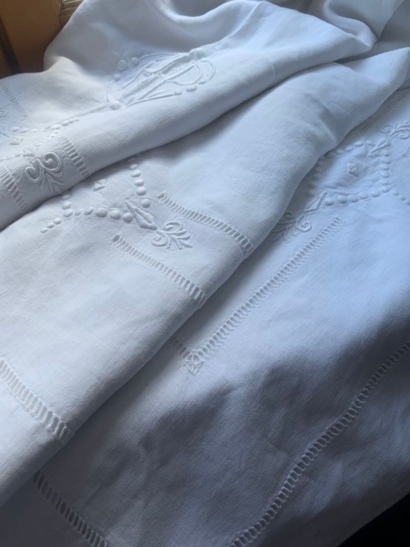 フランスアンティーク 薄手コットン 超大判一枚布 3.1x2.2m 手刺繍レース