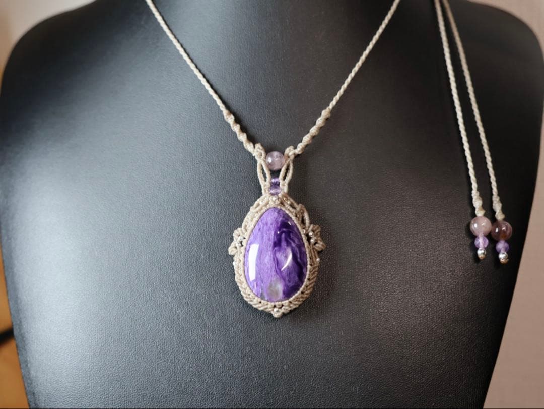 でんちゃん グリーンマイカ　チャロアイト　マクラメ　ネックレス