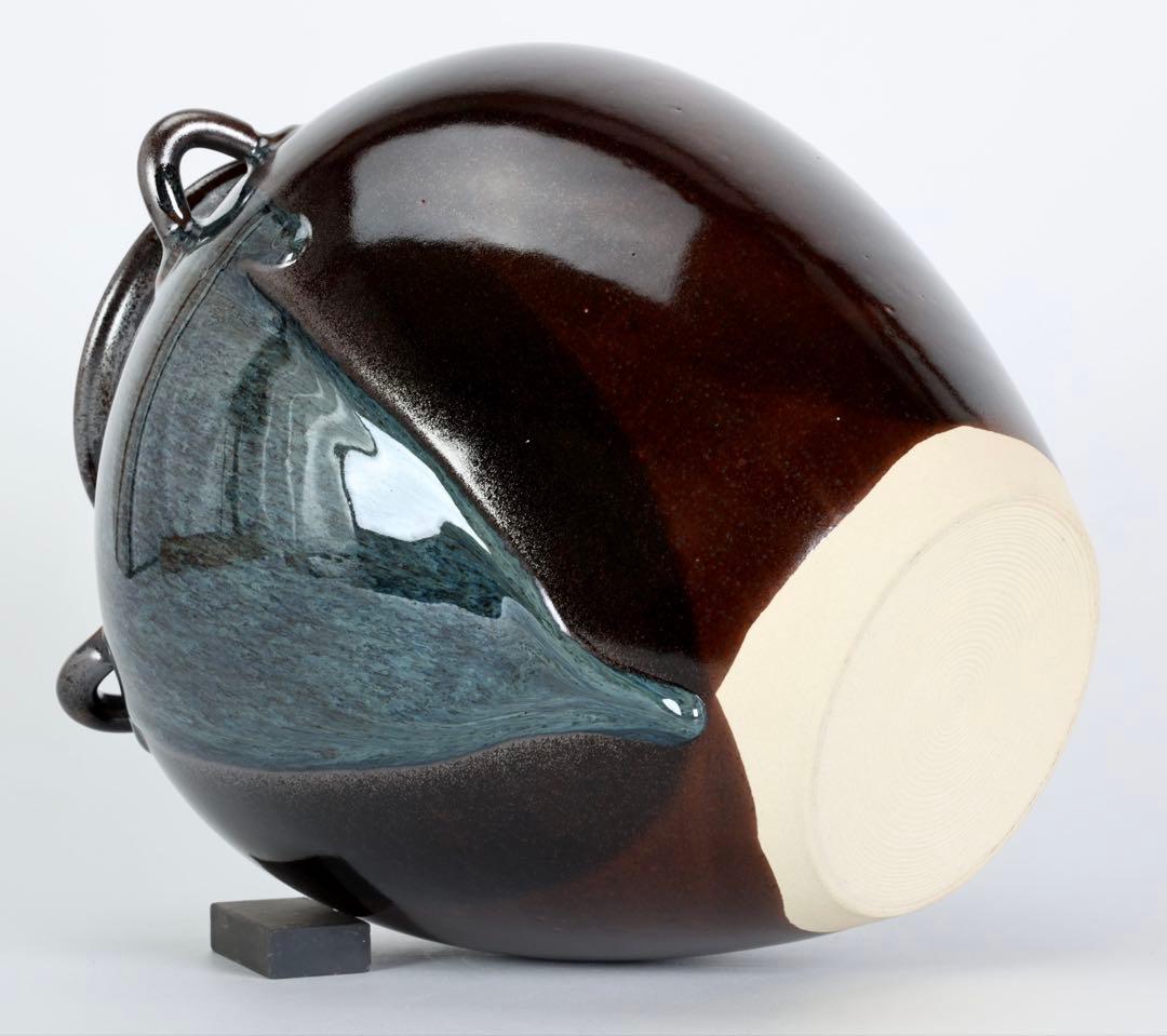 万代草山 四耳茶壺 飾壺 茶道具 共箱 口覆仕覆 正絹飾紐付 作家物 古美術品