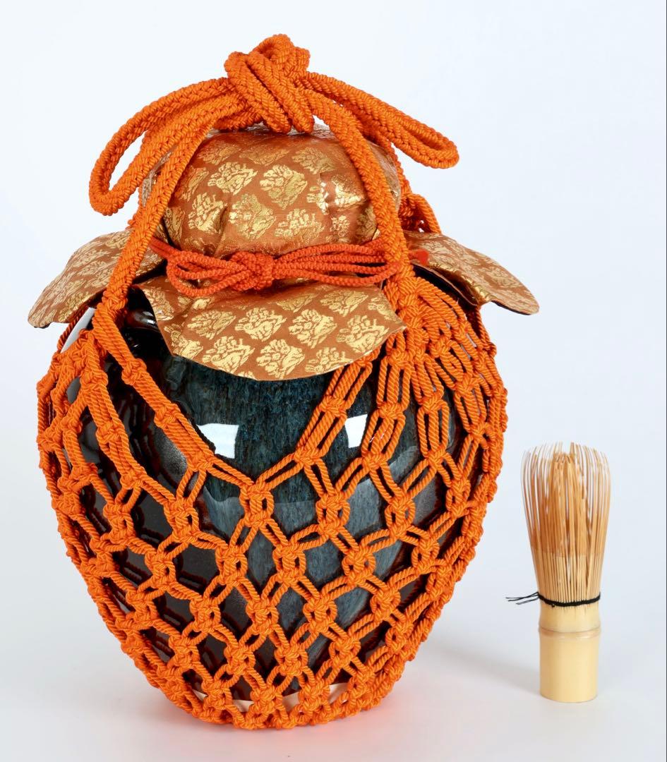 万代草山 四耳茶壺 飾壺 茶道具 共箱 口覆仕覆 正絹飾紐付 作家物 古美術品