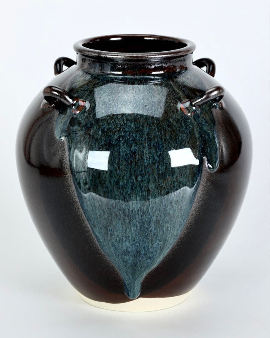 万代草山 四耳茶壺 飾壺 茶道具 共箱 口覆仕覆 正絹飾紐付 作家物 古美術品