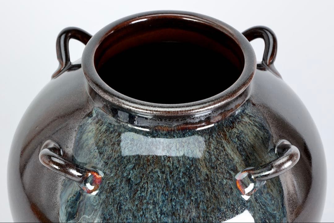 万代草山 四耳茶壺 飾壺 茶道具 共箱 口覆仕覆 正絹飾紐付 作家物 古美術品