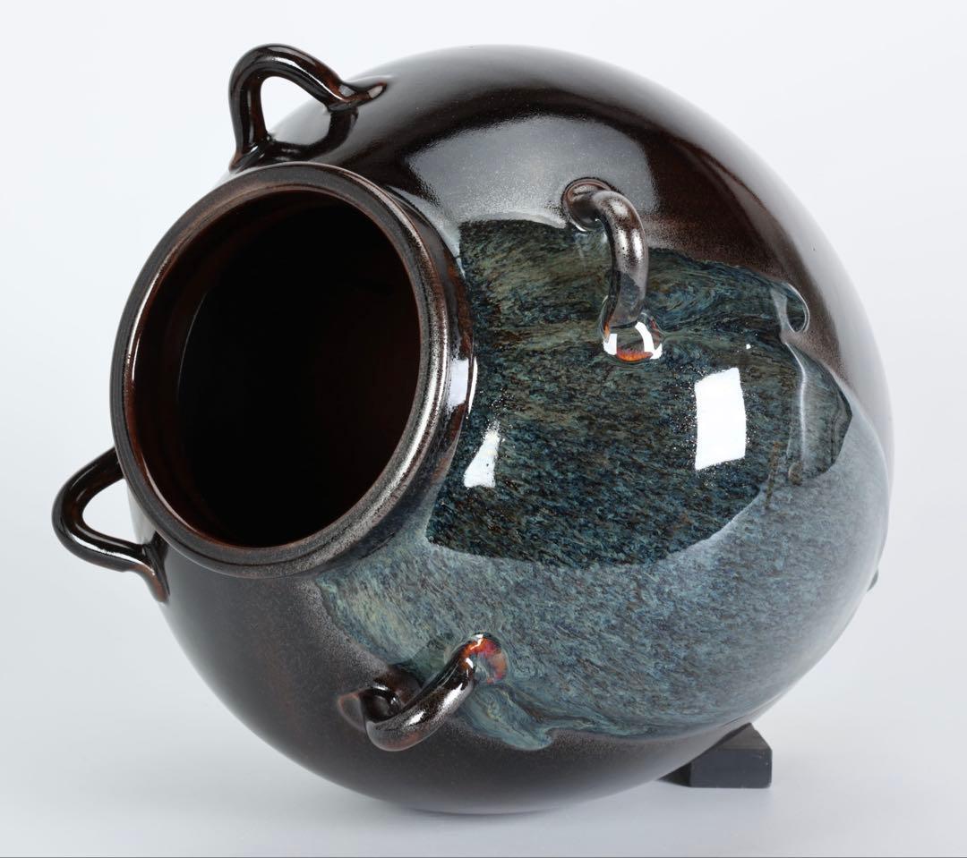 万代草山 四耳茶壺 飾壺 茶道具 共箱 口覆仕覆 正絹飾紐付 作家物 古美術品