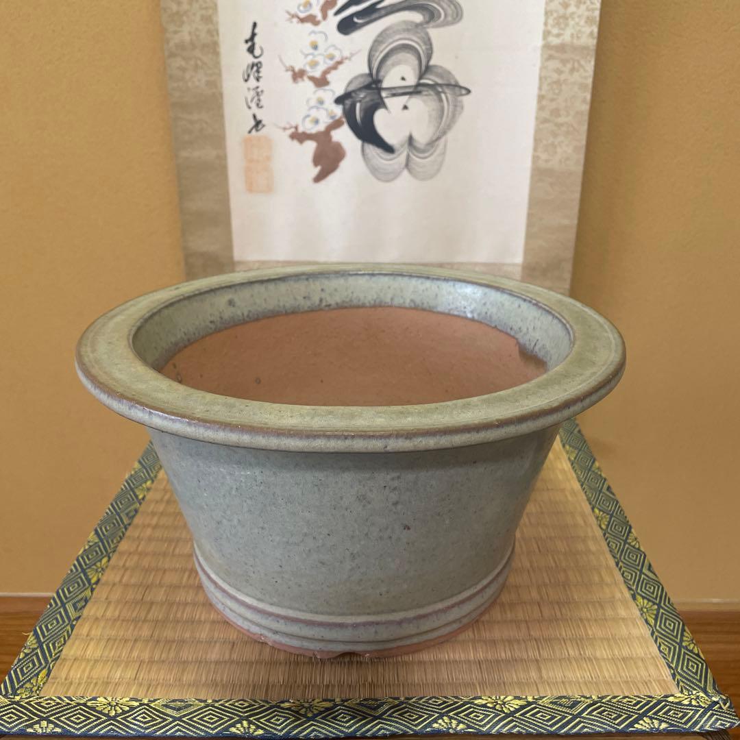 【落款あり】中国宜興 釉薬 丸外縁下帯深鉢 多肉植物 山野草 キンヨー
