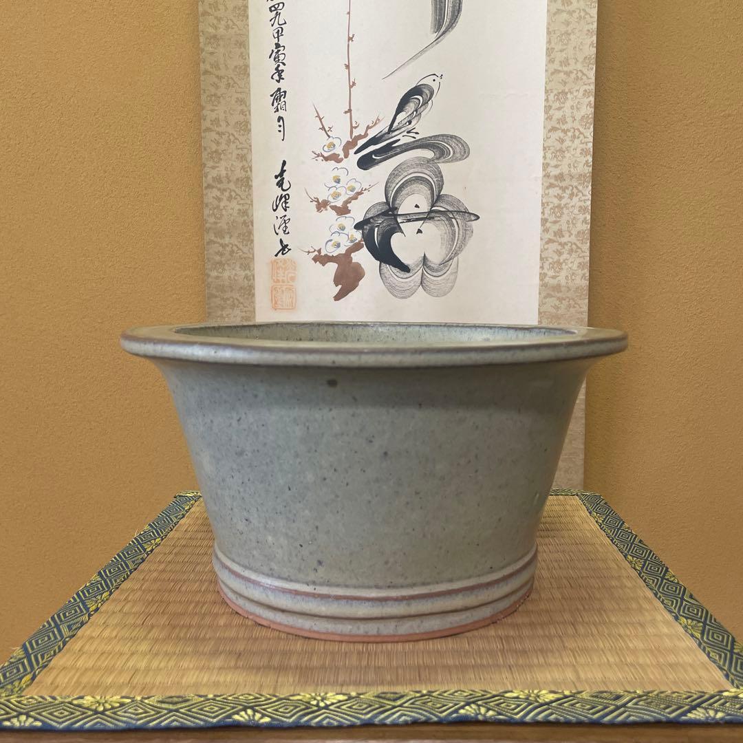 【落款あり】中国宜興 釉薬 丸外縁下帯深鉢 多肉植物 山野草 キンヨー
