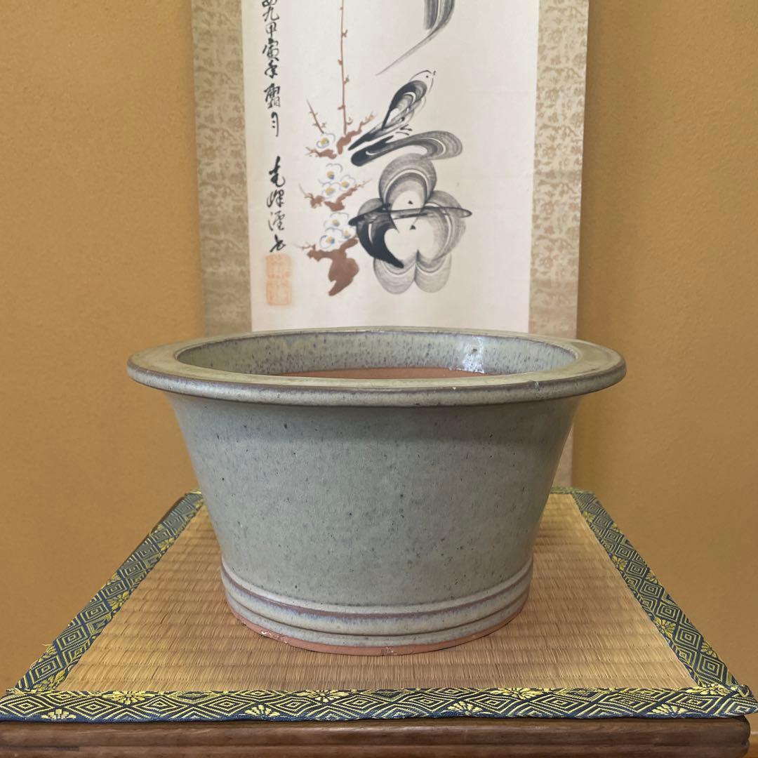 【落款あり】中国宜興 釉薬 丸外縁下帯深鉢 多肉植物 山野草 キンヨー