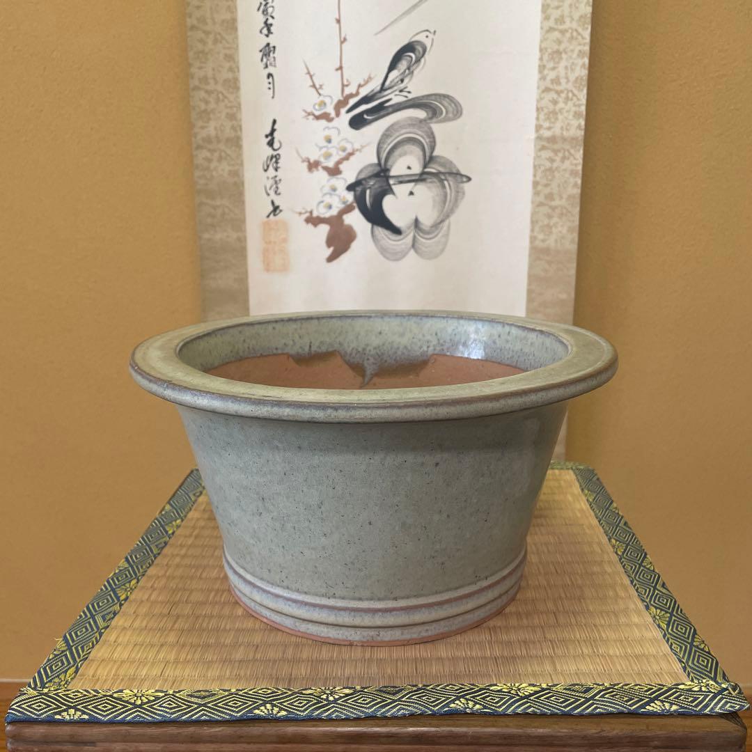 【落款あり】中国宜興 釉薬 丸外縁下帯深鉢 多肉植物 山野草 キンヨー