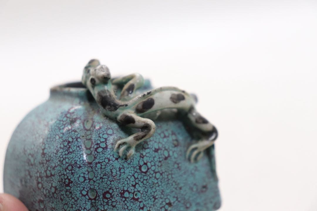 中国　清時代　鈞釉　龍紋水滴　銅製杓付　アンティーク　送料込み260312