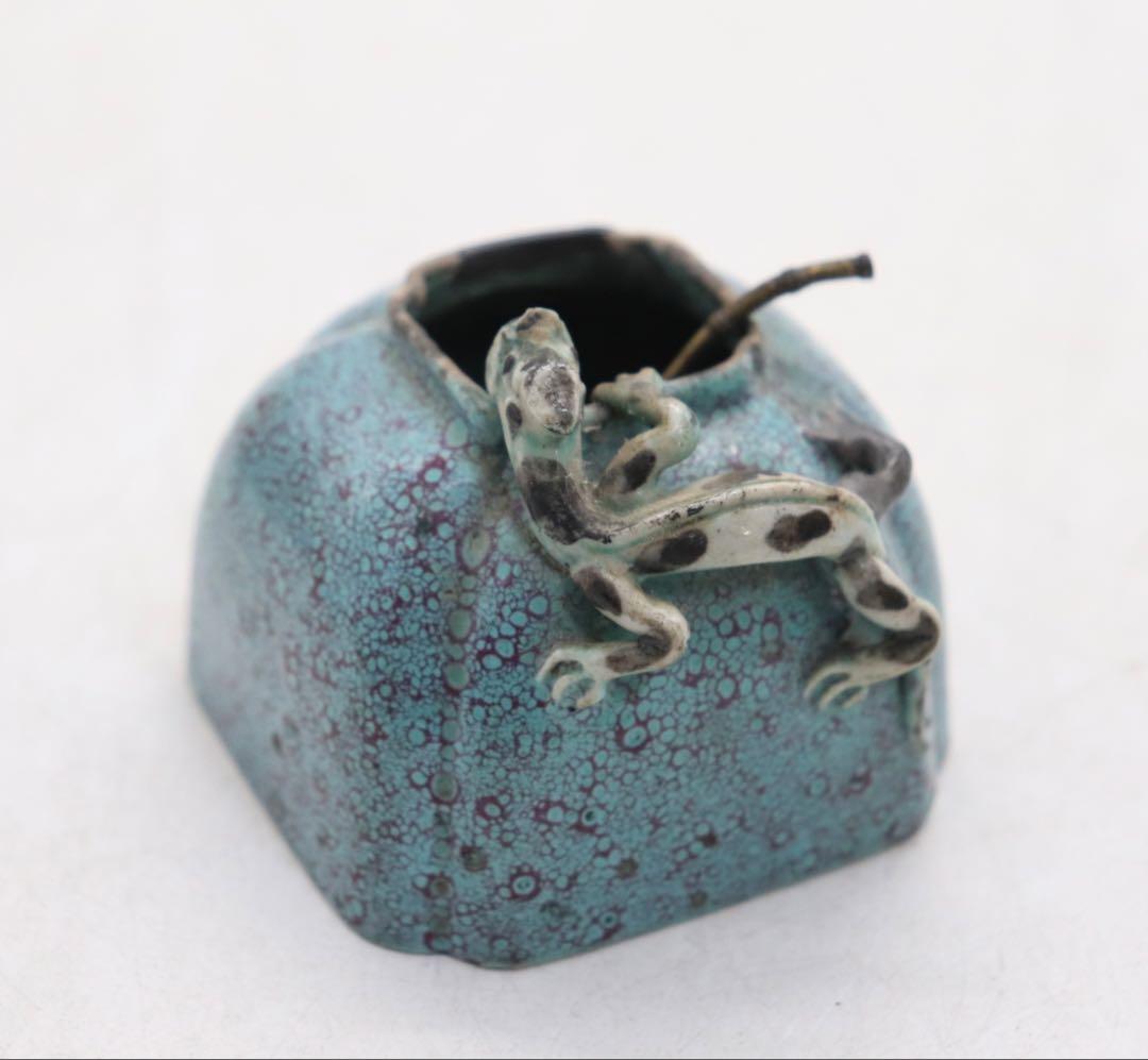 中国　清時代　鈞釉　龍紋水滴　銅製杓付　アンティーク　送料込み260312