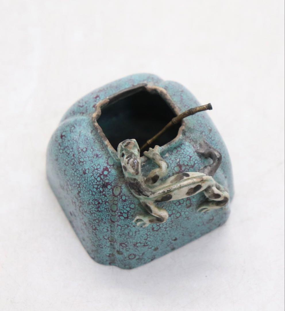 中国　清時代　鈞釉　龍紋水滴　銅製杓付　アンティーク　送料込み260312