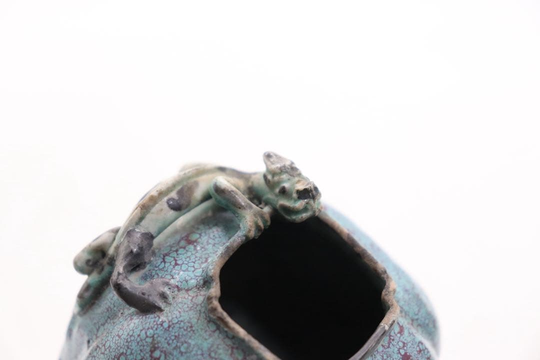 中国　清時代　鈞釉　龍紋水滴　銅製杓付　アンティーク　送料込み260312