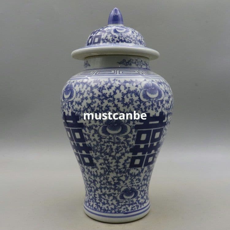 清青花纏枝蓮紋喜字将軍壺 景徳鎮 陶磁器 装飾品 現代工芸品 美術品 置物