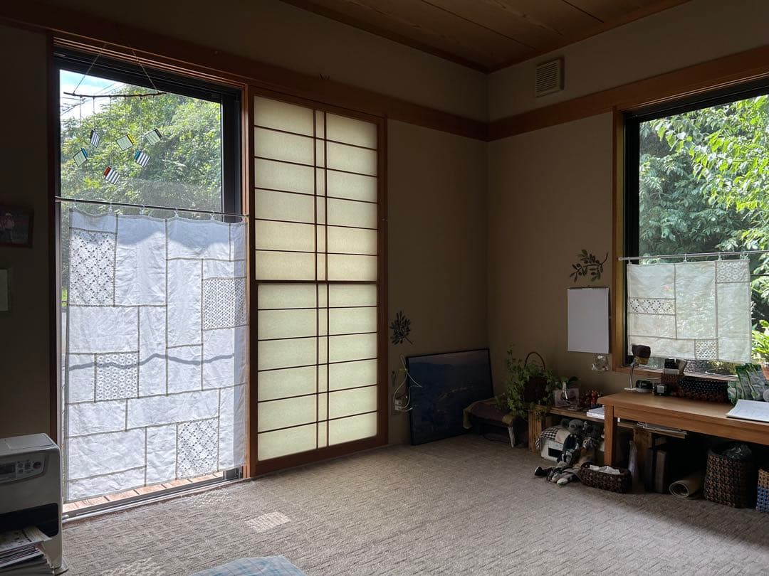 「オフと草花の穴刺繍」麻ポジャギ