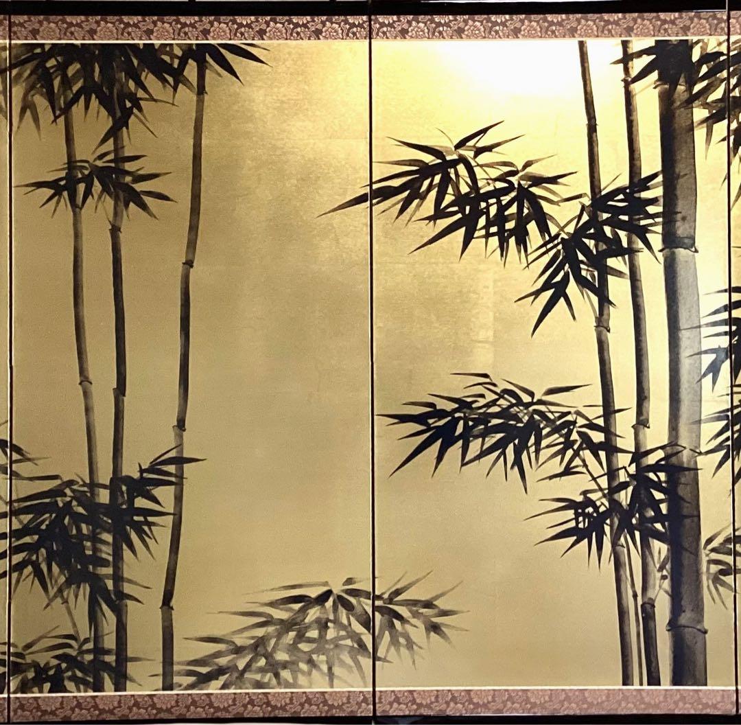 四つ折り屏風　日本画　金箔彩色　『観音竹』