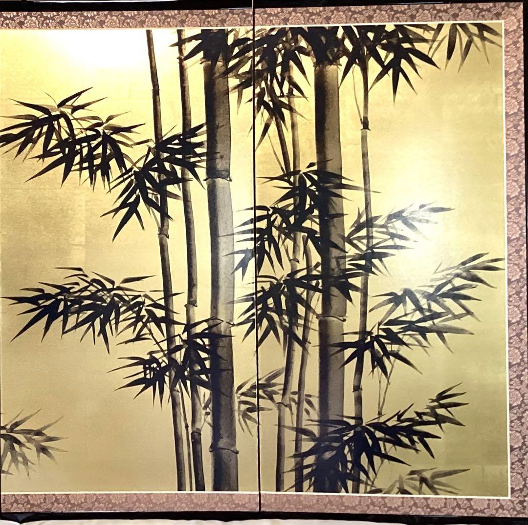 四つ折り屏風　日本画　金箔彩色　『観音竹』