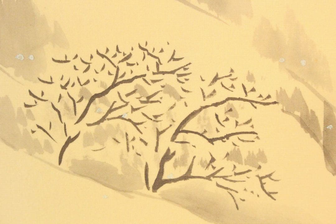 No4989 掛軸　臼井弘陽　「比良泊艇」　絹本着色　共箱/畳箱　山水　送料無料