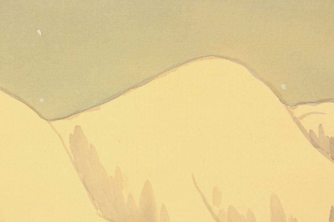 No4989 掛軸　臼井弘陽　「比良泊艇」　絹本着色　共箱/畳箱　山水　送料無料