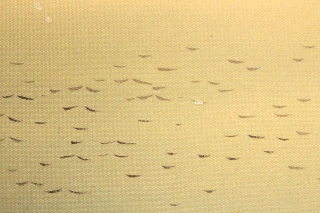 No4989 掛軸　臼井弘陽　「比良泊艇」　絹本着色　共箱/畳箱　山水　送料無料