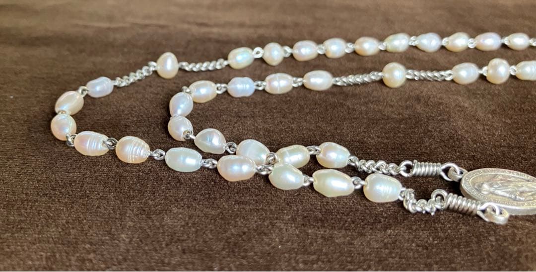 カトリック　ロザリオ　手編み　淡水パール　長崎編み